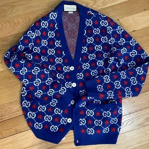 Fun red white and blue oversized GG cardigan (not Gucci) with white buttons.
